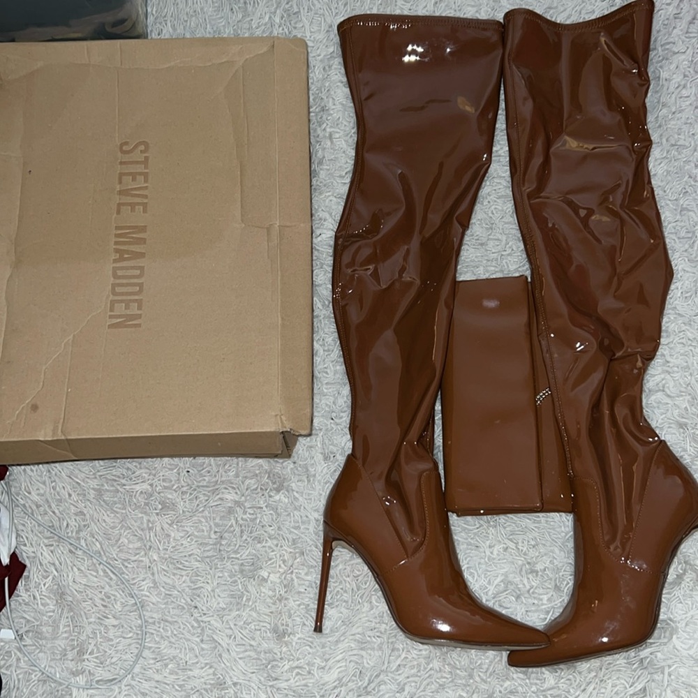 Steve Madden cognac patent over the knee boots with bag to cross body match